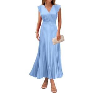 KIRUNDO Women's Summer Maxi Dresses Elegant V Neck Ruffle Flutter Sleeves Empire Waist Pleated Flowy Wedding Guest Dress (Medium, Light Blue)