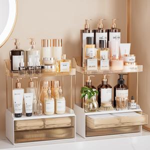 Delamu Bathroom Organizers and Storage, 2-Tier 2-Drawer Makeup Organizer Countertop, Easy to Install, Ideal for Bathroom Storage, Vanity, Large Skincare, Perfume, Present, and More, Amber 2pack