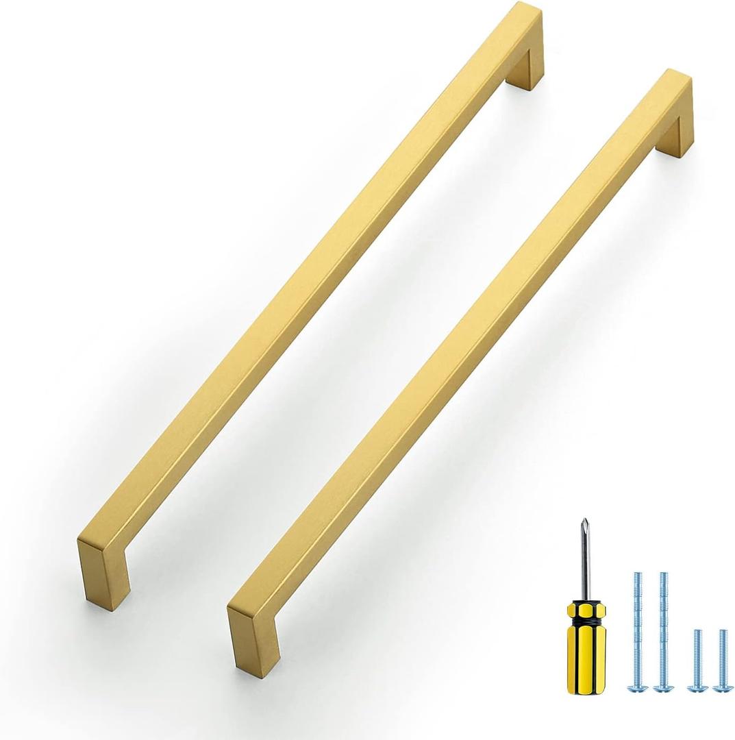Ravinte 20 Pack Squre Cabinet Pulls 11-1/3 Inch Brushed Brass Kitchen Cabinet Handles Gold Kitchen Hardware for Cabinet Gold Drawer Pulls Square Cabinet Pulls Drawer Handles Come with Screwdriver (11-1/3 In Hole Center)