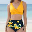 Women's High Waisted Bikini Sets V Neck Twist Front Ruched Bathing Suit Padded Lace Up Back Two Piece Swimsuit (M)