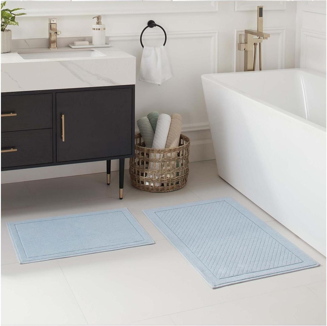Host & Home Bath Rugs 2-Piece Set - 17x24 & 20x32 - Non-Slip Cotton - Light Blue - Absorbent Bathroom Mats for Floor - Modern Home Decor