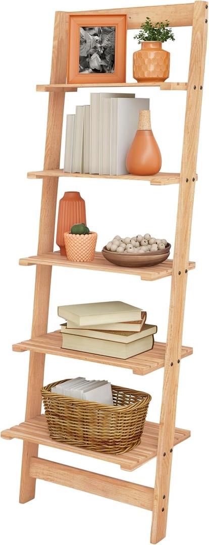 5-Tier Ladder Shelf - 50-Inch Narrow Leaning Bookshelf - Wooden Bookcase for Living Room, Bathroom, Kitchen, Office, or Bedroom Furniture by Lavish Home (Oak)