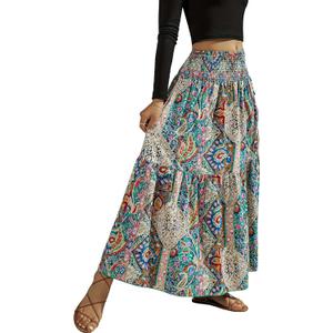 YHYJMY Women's Boho Skirt Elastic High Waist Pleated A-Line Flared Maxi Skirts Womens Flowy Long Skirts (Medium, Green)