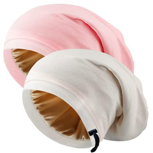 NICPOO Silk Satin Bonnet Hair Wrap for Sleeping, 2 Pcs Adjustable Silk Bonnets for Women Men, Night Caps