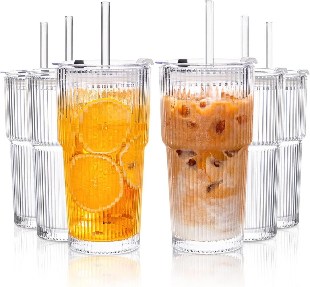 KEMORELA 6-Pack Ribbed Glass Tumblers with Lids & Straws  Vintage Style Iced Coffee Cups, Durable Smoothie & Cocktail Drinking Glasses, Reusable Clear Glassware for Home, Cafe, Office (6)