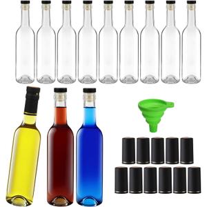 12 Pack 12oz Clear Glass Bottles With T-top Caps & Seal Shrink Capsules, 375ml Empty Wine Bottles with Funnel for Wine, Beverages, Juice & Kombucha