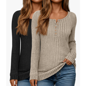 Ficerd 2 Pcs Women's Lightweight Sweaters Long Sleeve Ribbed Knit Tops Henley Shirts Crew Neck Casual Tee Solid Color Tunics M