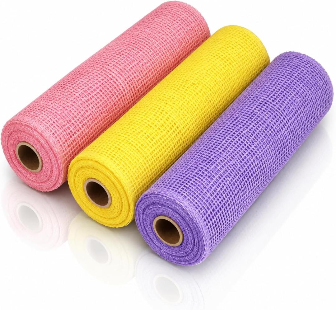 Chuangdi 3 Rolls Poly Burlap Deco Mesh 10 Inch Pink Yellow Purple Deco Poly Decorative Mesh Ribbon Wrapping Ribbon Rolls for Home Door Wreath Decoration DIY Crafts Making