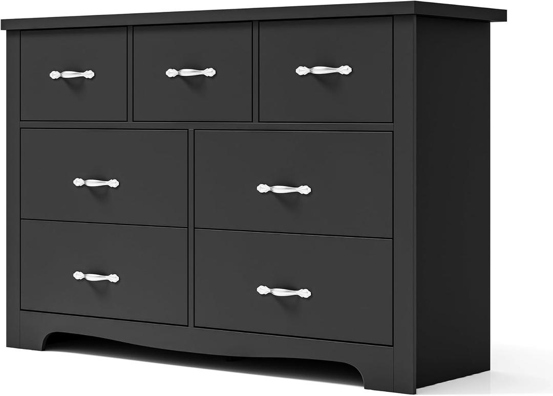 LINSY HOME 7 Drawers Dresser for Bedroom, Wood Bedroom Dresser Modern Drawer Chest, 7 Chest of Drawer, Tall Dresser for Closet, Dressers Organizer for Living Room, Closet, Hallway (Black)