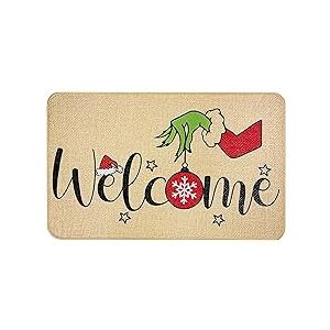 Erweicet Christmas Door Mat Xmas Welcome Christmas Mat Non-Slip and Washable Winter Doormat Rubber Back Snowflakes Door Mat Rugs for Indoor Outdoor(Green Hand Pattern)