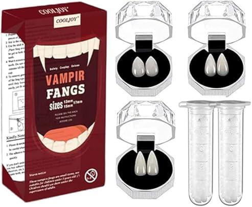 COOLJOY 3 Sizes Vampire Fangs Teeth with Adhesive Halloween Cosplay Props White Horror False Teeth Props Party Favors Masquerade Accessories Gift