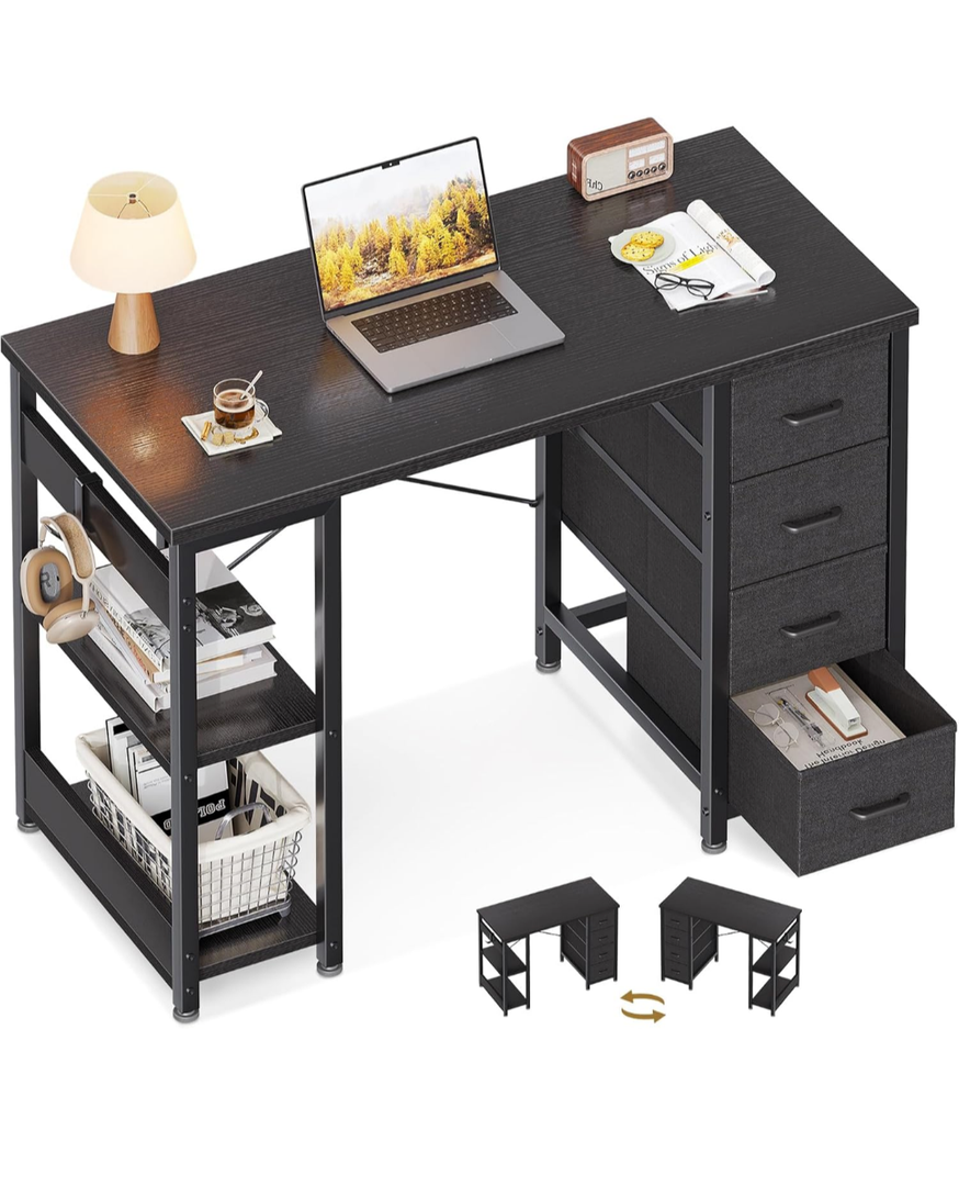 ODK 40 Inch Small Computer Desk with 4 Fabric Drawers, Modern Writing PC Desk for Small Spaces, Study & Home Office Desk with Storage Shelves, Black ODK 40 Inch Small Computer Desk with 4 Fabric Drawers, Modern Writing PC Desk for Small Spaces, Study & Home Office Desk with Storage Shelves, Black