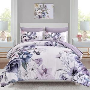 Luxudecor Floral Comforter Set Full Size 7 Piece, Purple Flower Bed in a Bag, Elegant Floral Comforter with Sheet Set, Soft Microfiber Bedding Set for All Season (Purple, 80"x90")