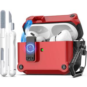 R-fun Compatible with AirPods Pro 2nd Generation 2023(USB-C),2022(Lightning Cable),1st Gen 2019 Charging Case, Full Drop Protection Auto Pop-Up Lid Design with Cleaner Kit,Red