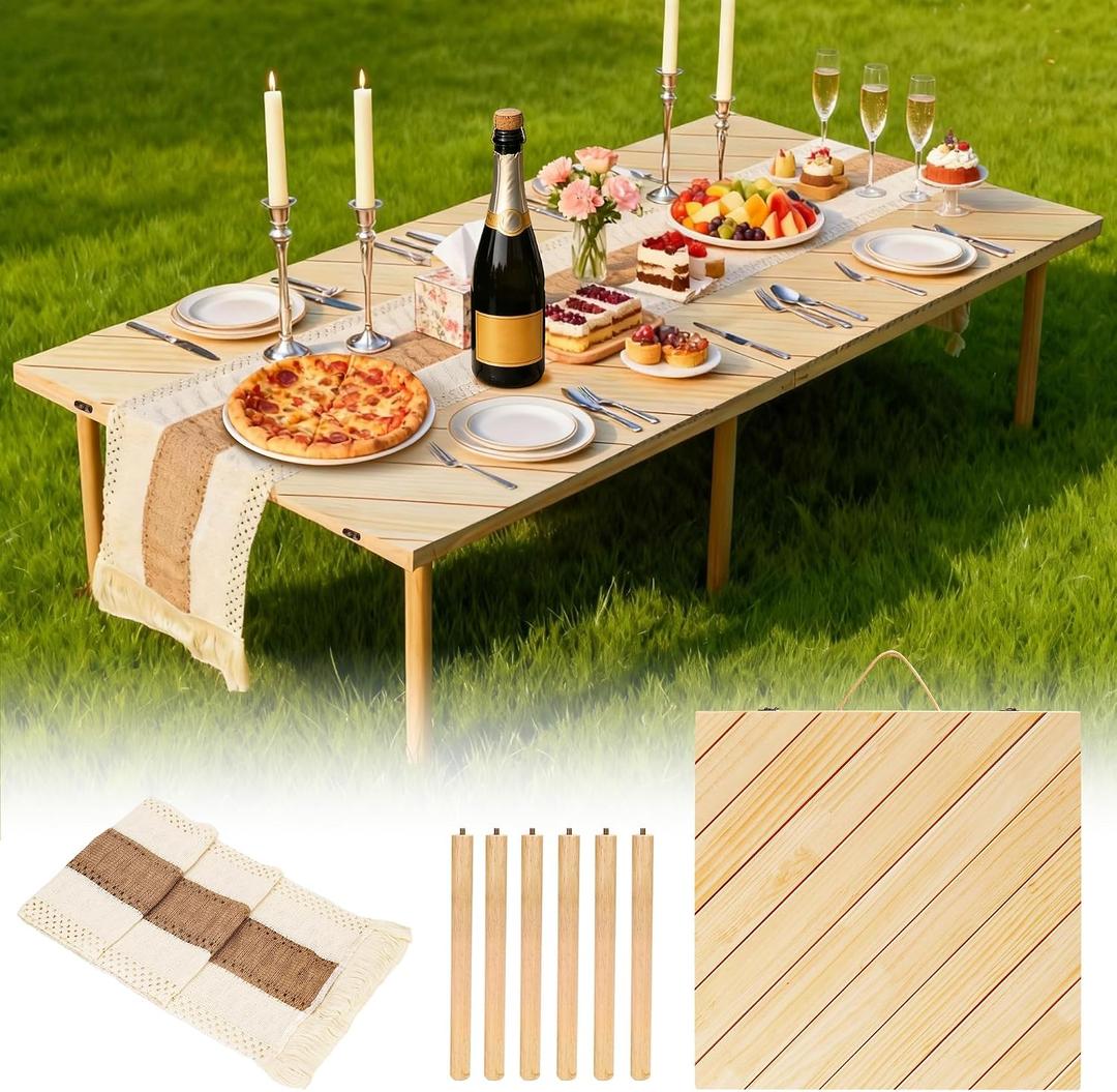 Folding Picnic Table with Boho Table Runner 60" x 30" Wooden Low Table, Portable for Indoor Outdoor Use Ideal for Camping Beach Weddings Garden Parties (Seats 6), 60" x 30" x 16.9"