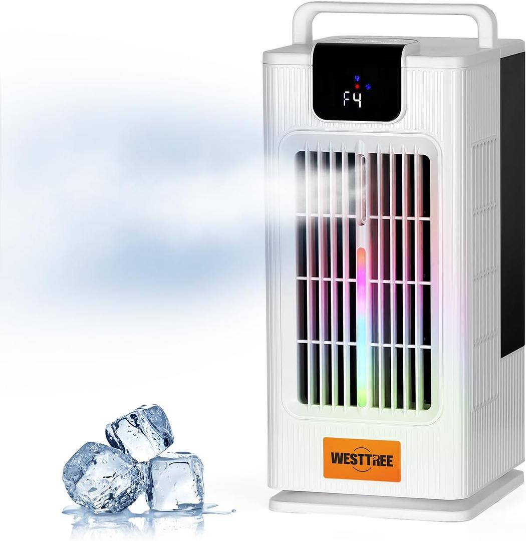 WESTTREE 14inch Portable air conditioners Misting Fan,120Oscillating mini Air Conditioner,Desk air 3 Level Humidify 4 Speeds, 7 RGB Color Night Lights Desktop Portable Air Conditioners for Bedroom (White)