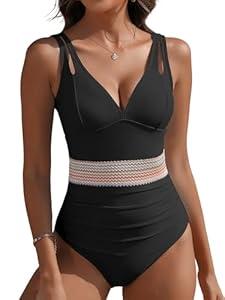 ANRABESS One Piece Swimsuit for Women Tummy Control V Neck Slimming Sexy Bathing Suit Color Block Padded Beach Swimwear Black Large