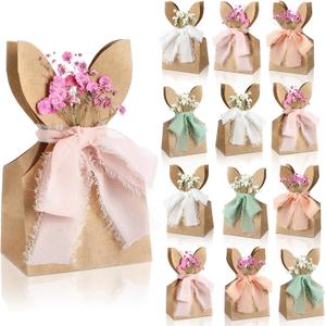 Affrolling 24 Set Boho Bow Easter Bunny Party Favor Bags DIY Bunny Gift Boxes with Neutral Bow Ribbon and Dried Flowers Rustic Paper Rabbit Ears Treat Bags Bulk for Easter Spring (Neutral Pastel)