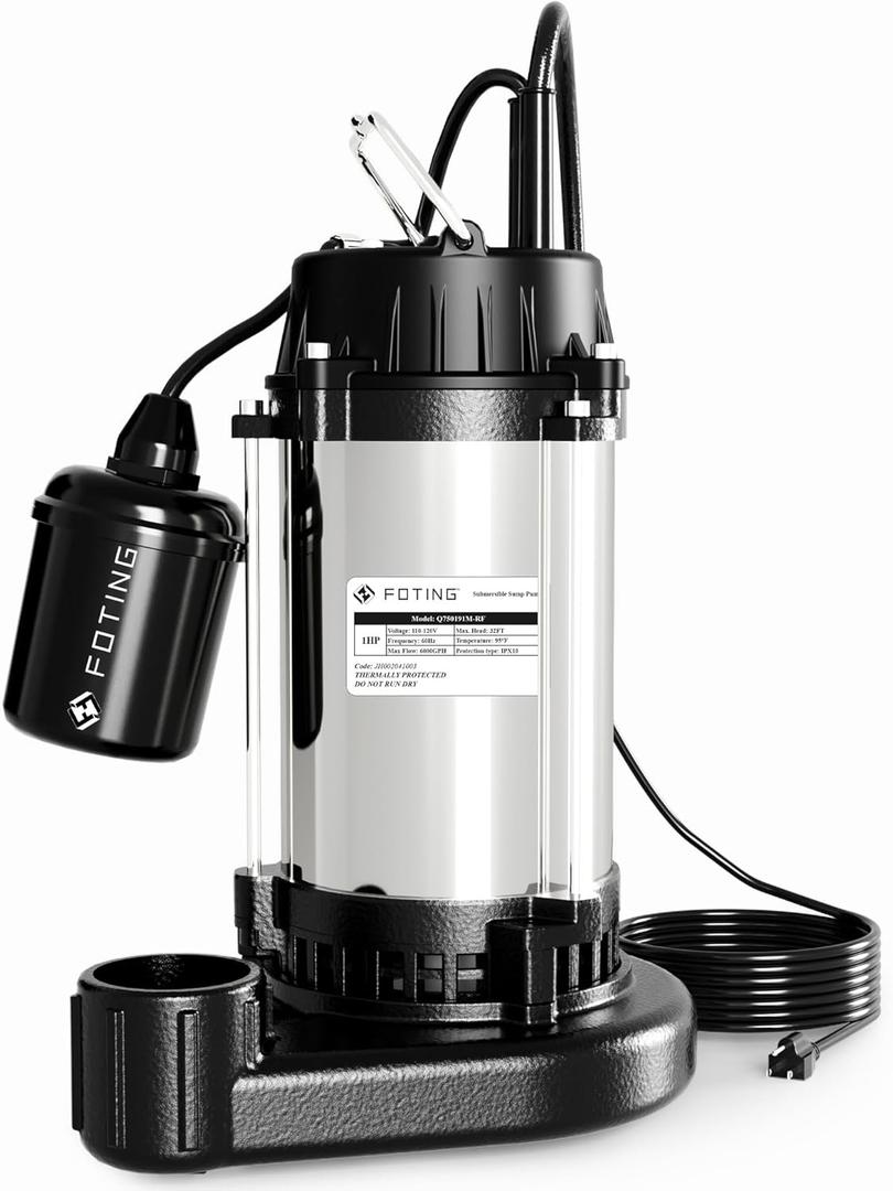 FOTING 1HP Submersible Sump Pump Cast Iron and Stainless Steel, 6000 GPH Sewage/Effluent Pump, 115V Automatic Tethered Float Switch, Septic Pumps for Basement, Septic Tank, Basin, Sewage System