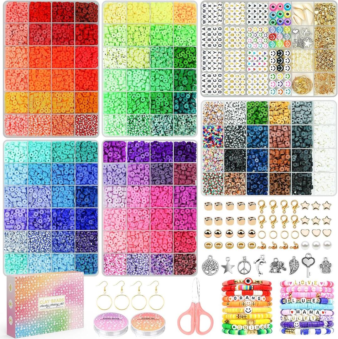 Paodey 20,000 Pcs Clay Beads Bracelet Making Kit, 120 Colors 6 Boxes Polymer Beads Spacer Heishi Beads & Jewelry Kit with Pendant Charms Elastic Strings, Crafts Gift for Kids Adults