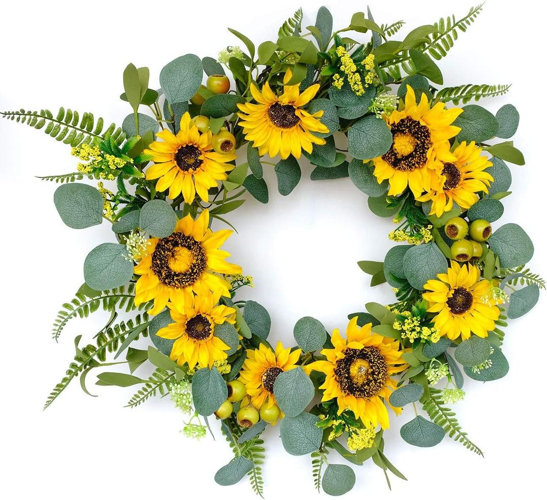 idyllic 18Artificial Sunflower Spring Wreath Rustic Farmhouse Decorative Floral Wreath for Front Door Window Wedding Outdoor, Yellow