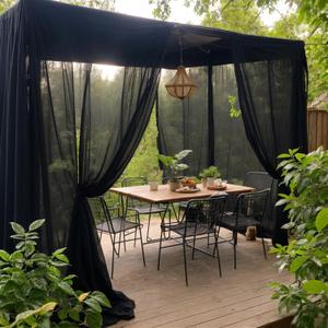 SK Studio Black Outdoor Sheer Curtains for Patio Waterproof 2 Panels Sheer Curtains Privacy Screen Mesh Net Outside Curtains Rod Pocket for Gazebo, Porch, Pergola, 63W x 120L