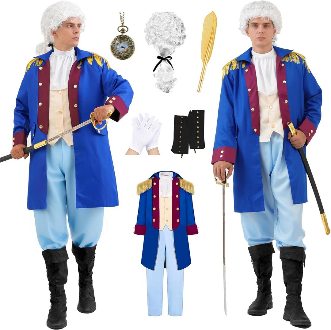 Akokvlar Mens Founding Father George Washington Costume Hamilton Colonial Outfit Set (XX-Large, Blue)