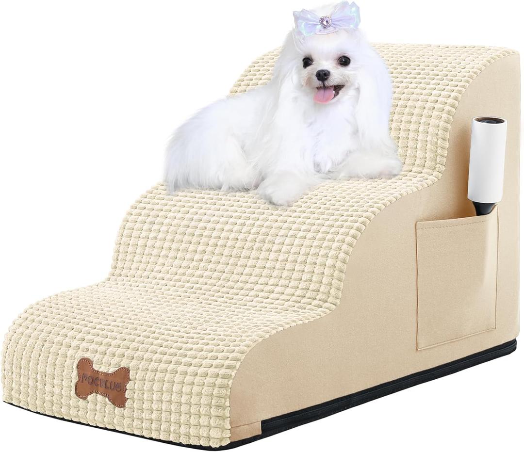 Dog Stairs for Small Dogs, Wide Pet Step with Removable Cover, No Assembly High Density Foam Cat Ramp for Bed or Sofa, 4-Step, Dark Grey