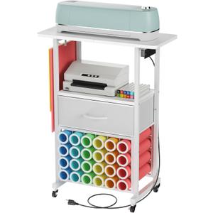 Rolling Craft Cart with Charging Station & Fabric Drawer, 24 Vinyl Roll Holders for Cricut, Organizers and Storage Compatible with Maker, Organization for Craft Room, White (Medium)