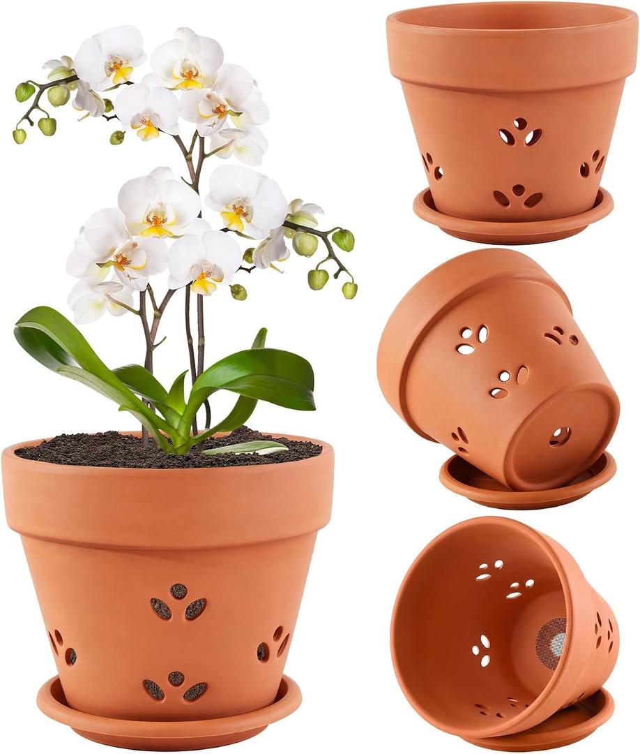 Terracotta Orchid Pots with Holes and Saucers, 6 Inch Set of 4 Clay Orchid Planter for Repotting, Terra Cotta Plant Pots for Flower Succulents Indoor and Outdoor Promotes Air Circulation
