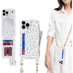 iPhone 12/12 Pro case with Credit Card Holder Phone Lanyard mag Safe for Women, iPhone 12 Pro Phone Leather Case with Zipper Wallet Compatible Wallet Case-White Leopard