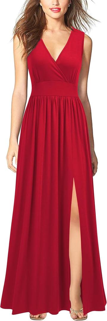WOOSEA Women Sleeveless Deep V Neck Split Loose Sexy Plain Long Maxi Casual Dress (Red, XL)