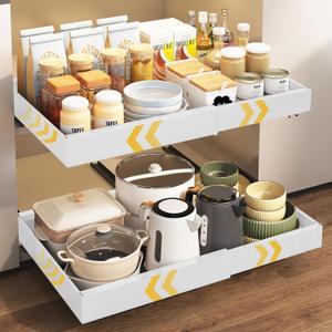 FILTA 2Pack Expandable Pull Out Cabinet Organizer, 21" Deep Slide Out Drawers for Kitchen Cabinets, Heavy Duty Roll Out Shelves with 3-Rail Silent Glide, No-Drill Adhesive or Screw Install, White