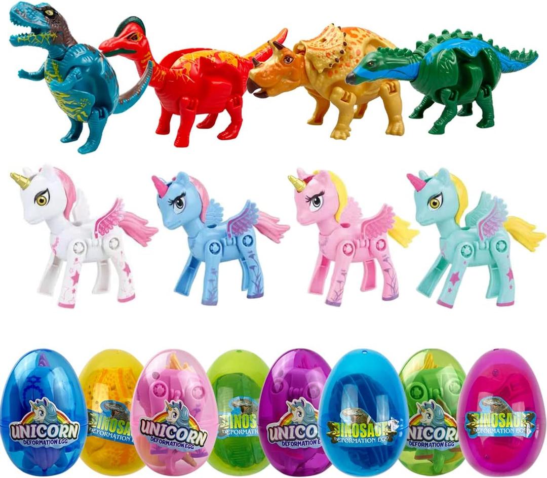 Anditoy 8 Pack Jumbo Unicorn & Dinosaur Deformation Eggs Prefilled Plastic Easter Eggs with Toys Inside for Kids Boys Girls Toddlers Easter Basket Stuffers Gifts Fillers Party Favors