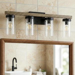 Rustic Vintage Wall Sconce, Farmhouse Vanity Light, Bathroom Wood Wall Light Over Mirror with Seedy Glass Shade.(Pinewood, 4-Light)