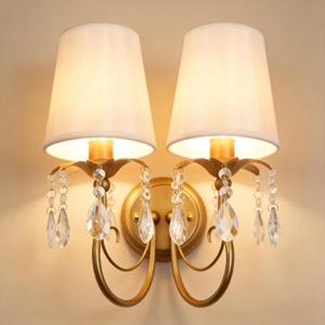 Vintage Wall Sconces 2-Light, Gold Wall Sconces Lighting with Fabric Shades & Crystal, Classic Antique Wall Lamp for Bedroom Living Room Hallway Stairway, E12 Base