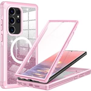 Hekodonk for Samsung Galaxy S24 Ultra Case Glitter,Compatible with MagSafe[Built-in Tempered Glass Screen Protector & Camera Lens Protection] Full Body Shockproof Protective Bling Phone Case,Pink