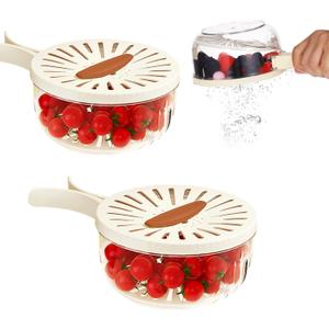 2Pcs Fruit Washing Bowl with Strainer,Fruit Strainer Container with Lid,Fruit Washing Basket for Sink with Foldable Handle Drain Container for Berries Vegetables,Fridge Storage Container