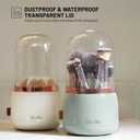 Rotating Makeup Brush Holder with Lid  Dustproof Vanity Organizer for Makeup Brushes, Bonus Foldable Makeup Brush Cleaner Bowl Included, Elegant White Storage Solution