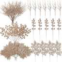 75 Pcs Halloween Glitter Branches 3 Styles Artificial Christmas Picks Berries Stems Pine Needles Floral Twig Spray for Xmas Tree Ornaments DIY Wreath Garland (Champagne Gold)