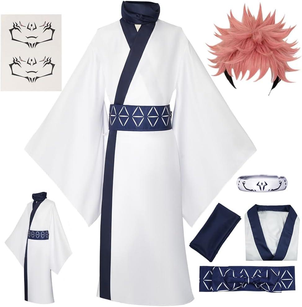 Ryomen Sukuna Cosplay Costume Sukuna Kimono Tattoo Sticker Outfit with Wig L