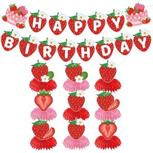 21 Pcs Strawberry Party Decorations,Honeycomb Centerpieces with Banner Cake Topper & Table Signs for Strawberry Theme Birthday Party Baby Shower Supplies,Pink Red Decor
