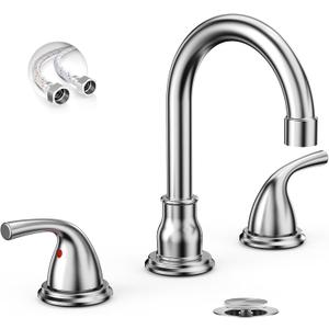 Phiestina Brushed Nickel Retro Vintage 8 Inch 3 Hole Bathroom Sink Faucet, 2 Handle Widespread Faucet with Metal Pop up Drain and Water Supply Lines, BF03065-B11-GBN