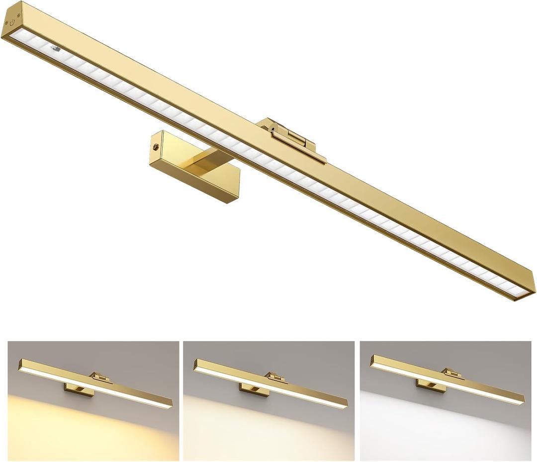 Afyuol Picture Lights for Wall, Brushed Gold Battery Operated Picture Light 24in Art Light CCT Dimmable Recharging Battery Wall Light with Remote Control for Living Room Gallery, 1PC24inches