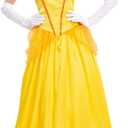AFAVOM Princess Peach Costume with Crown and Gloves for Adult Women Halloween Birthday Party Dress up Fancy Cosplay Outfit (Small, Yellow)