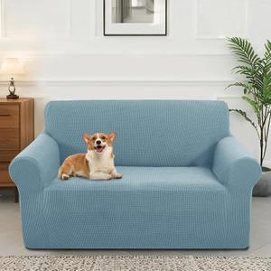 Stretch Couch Cover Washable Sofa Slipcover Furniture Protector with Non Skid Foam and Elastic Bottom for Kids, Dog(Loveseat/Steel Blue) (Medium)