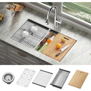 JOMOO 32Inch Brushed Stainless Steel Workstation Sink, 10 Deep Single Bowl Undermount Kitchen Sink Set with Accessories, 32x19 Inch