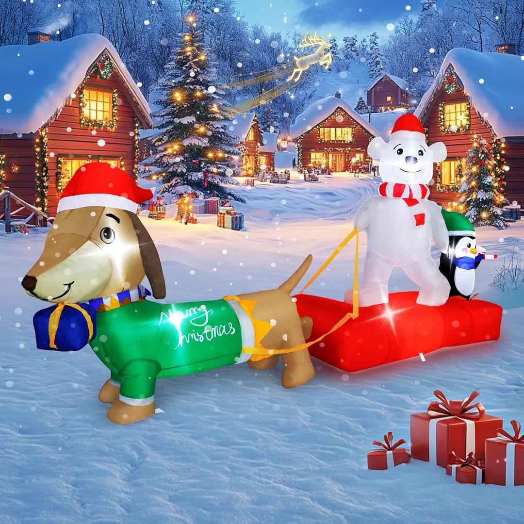 8FT Christmas Inflatable Outdoor Lighted Polar Bear & Penguins Carrying Dog Sleigh Decor, Sleigh-Riding Bear with a Candy Cane-Holding Penguin Yard Decor for Xmas Holiday, for Him, Her
