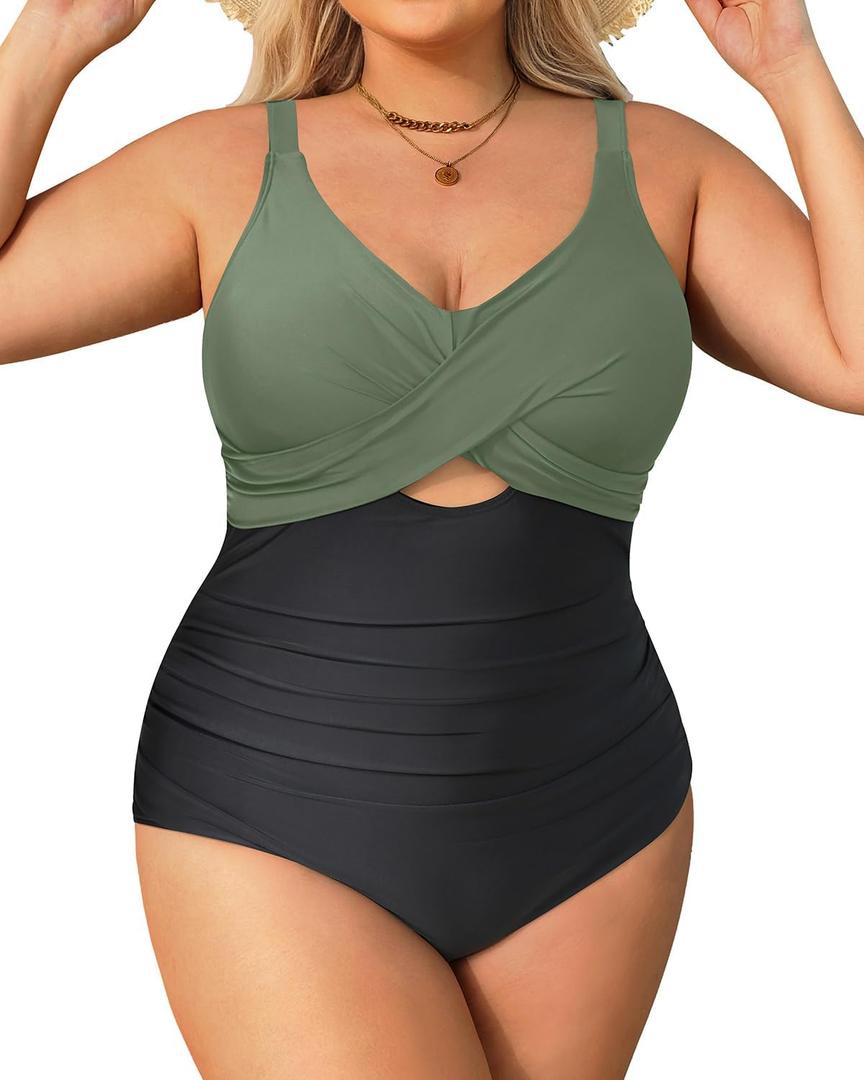 Daci Plus Size One Piece Swimsuits - Tummy Control Bathing Suit for Women Cutout Swimwear (Green Black, 14W)