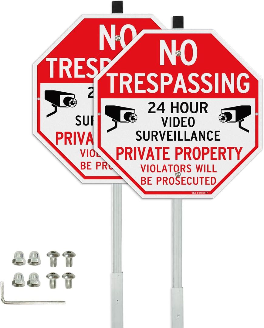 T&R Large No Trespassing Private Property Sign Video Surveillance Sign with 36" Stake for Outside - 2 Pack - 12"x12" .040 Rust Free Heavy Aluminum, Reflective, Waterproof, Weatherproof and Fade